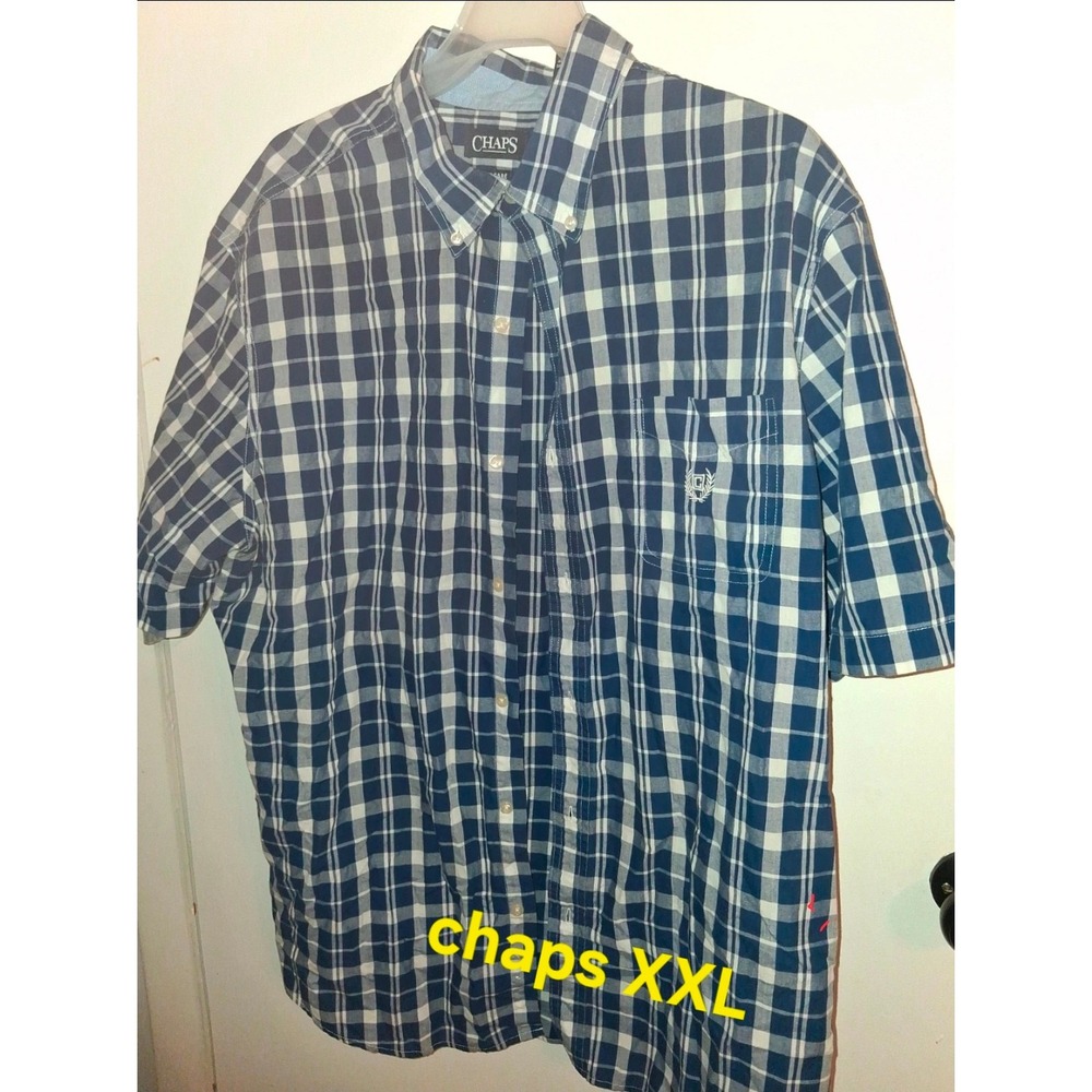 Chaps Mens XXL Blue White Plaid Short Sleeve Easy Care Button Down Shirt Logo